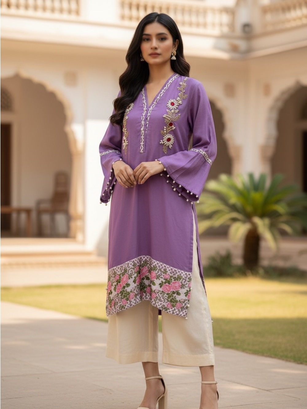 Purple Embroidered Floral silk hand embellished kurta with self embroidered pan.